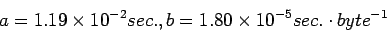 \begin{displaymath}
a = 1.19 \times 10^{-2} sec. , b = 1.80 \times 10^{-5} sec. \cdot byte^{-1}
\end{displaymath}