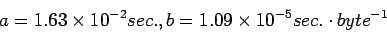 \begin{displaymath}
a = 1.63 \times 10^{-2} sec. , b = 1.09 \times 10^{-5} sec. \cdot byte^{-1}
\end{displaymath}