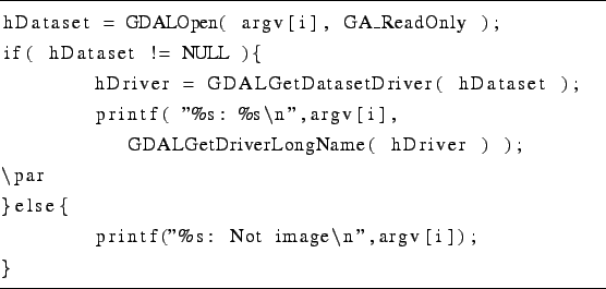 \begin{lstlisting}[frame=tb]{somecode}
hDataset = GDALOpen( argv[i], GA_ReadOnly...
...Driver ) );
\par
}else{
printf(''%s: Not image\n'',argv[i]);
}
\end{lstlisting}