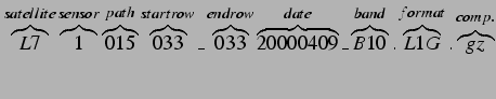$\displaystyle \overbrace{L7}^{satellite} \overbrace{1}^{sensor} \overbrace{015}...
..._ \overbrace{B10}^{band} .
\overbrace{L1G}^{format} . \overbrace{gz}^{comp.}
$