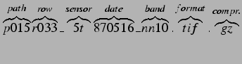 $\displaystyle \overbrace{p015}^{path} \overbrace{r033}^{row} \_ \overbrace{5t}^...
...
\overbrace{nn10}^{band} . \overbrace{tif}^{format} . \overbrace{gz}^{compr.}
$